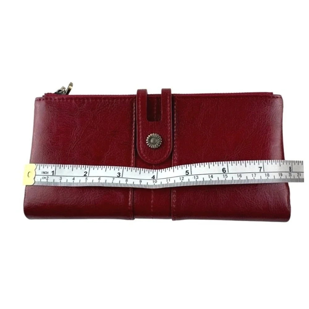 Sendefn Red Vegan Leather‎ Bifold Clutch Wallet Sunflower Snap Bronze Zip Large